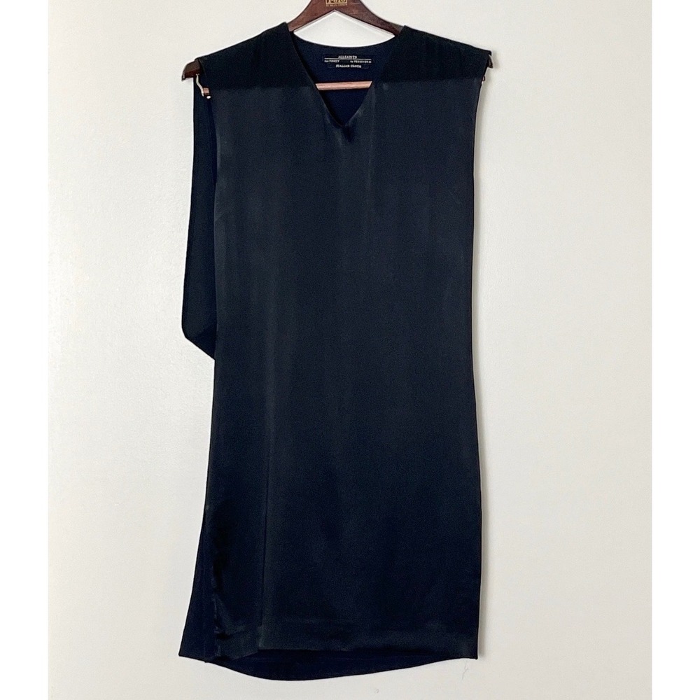 AllSaints Draped Sleeveless Shift Dress Size 4 Black Italian Cloth V-Neck LBD